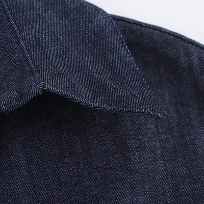 Spring New 1975 series denim MIDI dress with lapel side zipper fashion wrinkle waist slim elegant dress