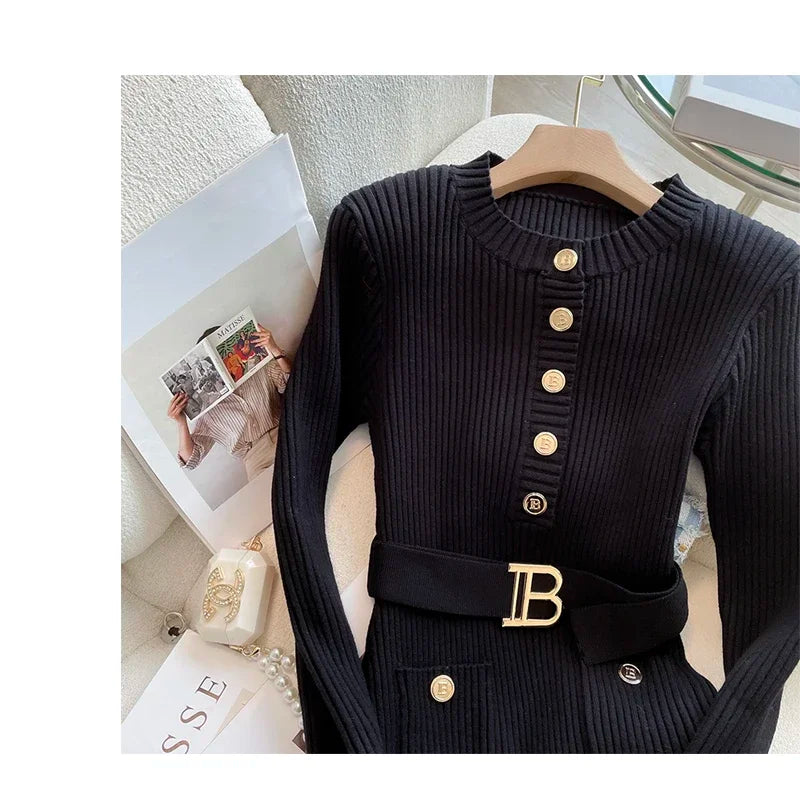 Autumn Winter Women Knitted Dress Brand Fashion O-neck Buttons Bodycon Sweater Dress with Belt Lady Office Dress