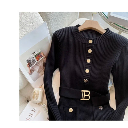 Autumn Winter Women Knitted Dress Brand Fashion O-neck Buttons Bodycon Sweater Dress with Belt Lady Office Dress