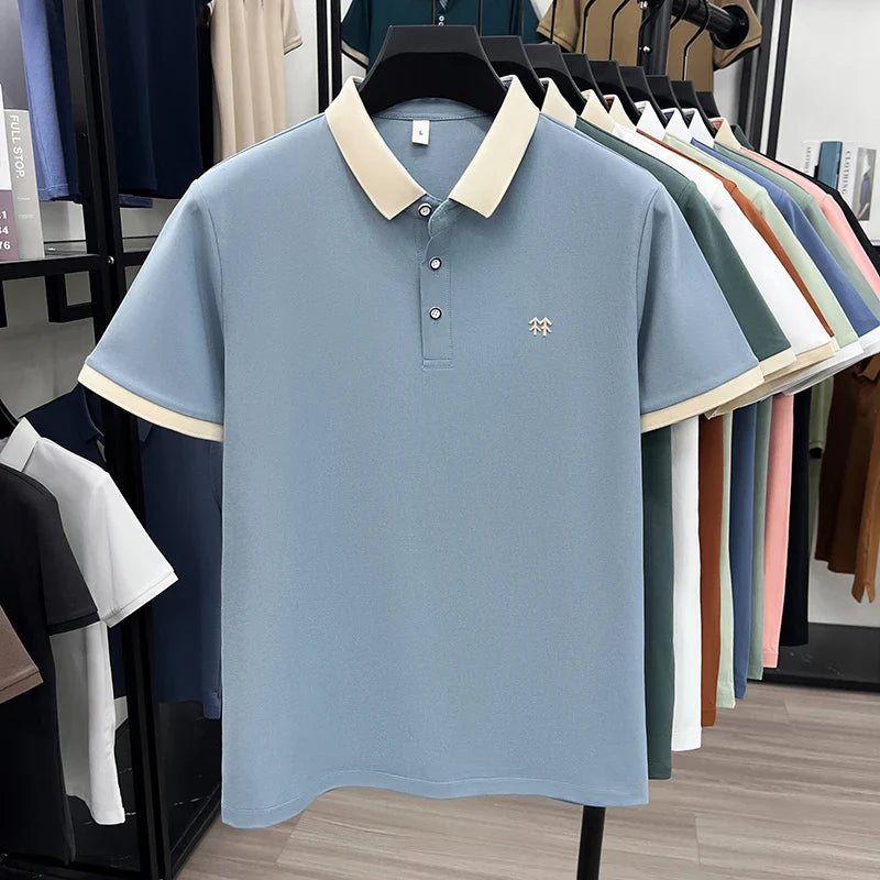 Designer brand silk cotton short sleeve polo shirt summer new Korean casual men's T-shirt fashion embossed soft breathable top