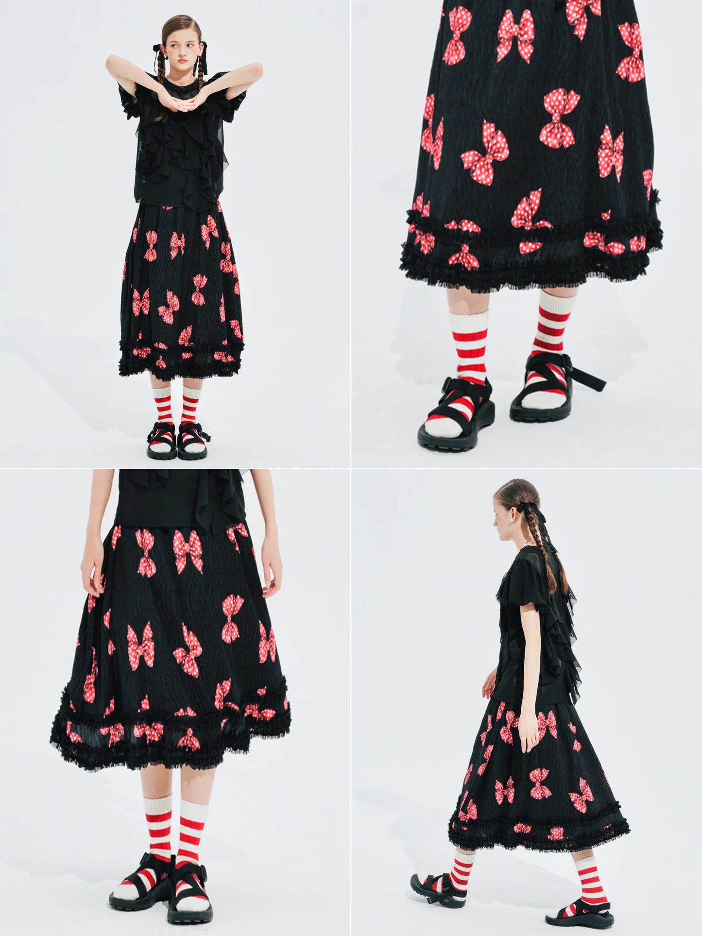 Original design bow pleated lace stitching elastic waist skirt for women 244659