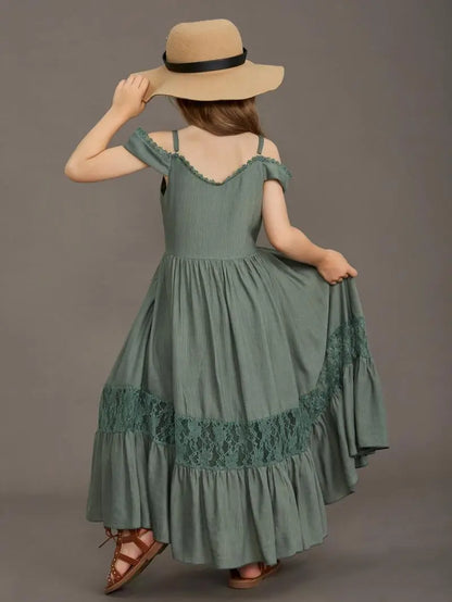 New Summer Strap Ruffle Girls Solid Color Slip Floor Long Dress Baby Kids Evening Party Dress Cloting for 4 6 7 8 10 12 Year