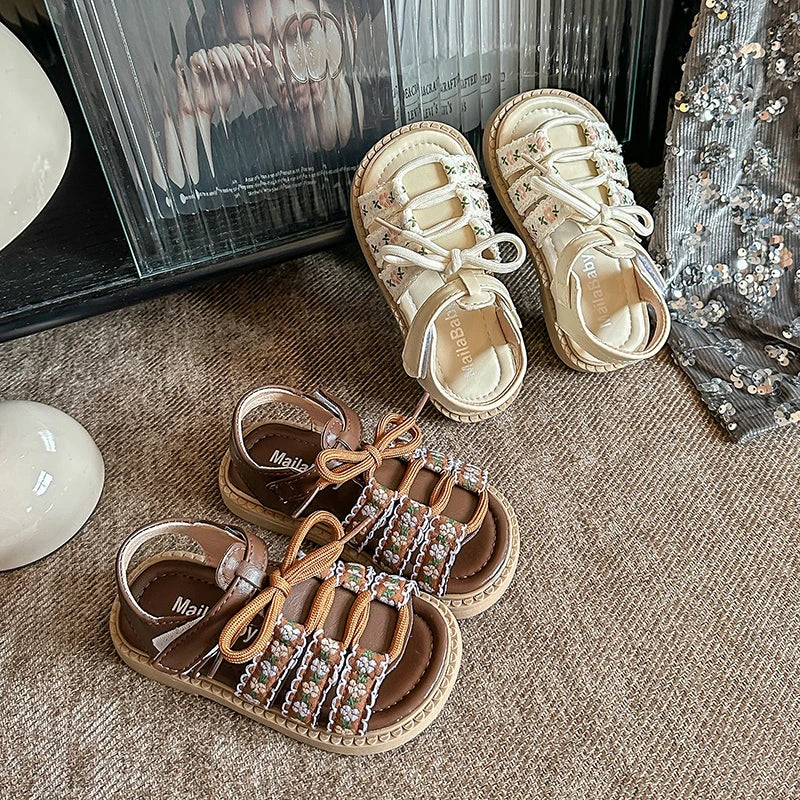 Baby Girls Hot Sale Summer Princess Fashionable Embroidery Soft Hollow Sandals Kid Elegant School Lightweight Cute Walking Shoes