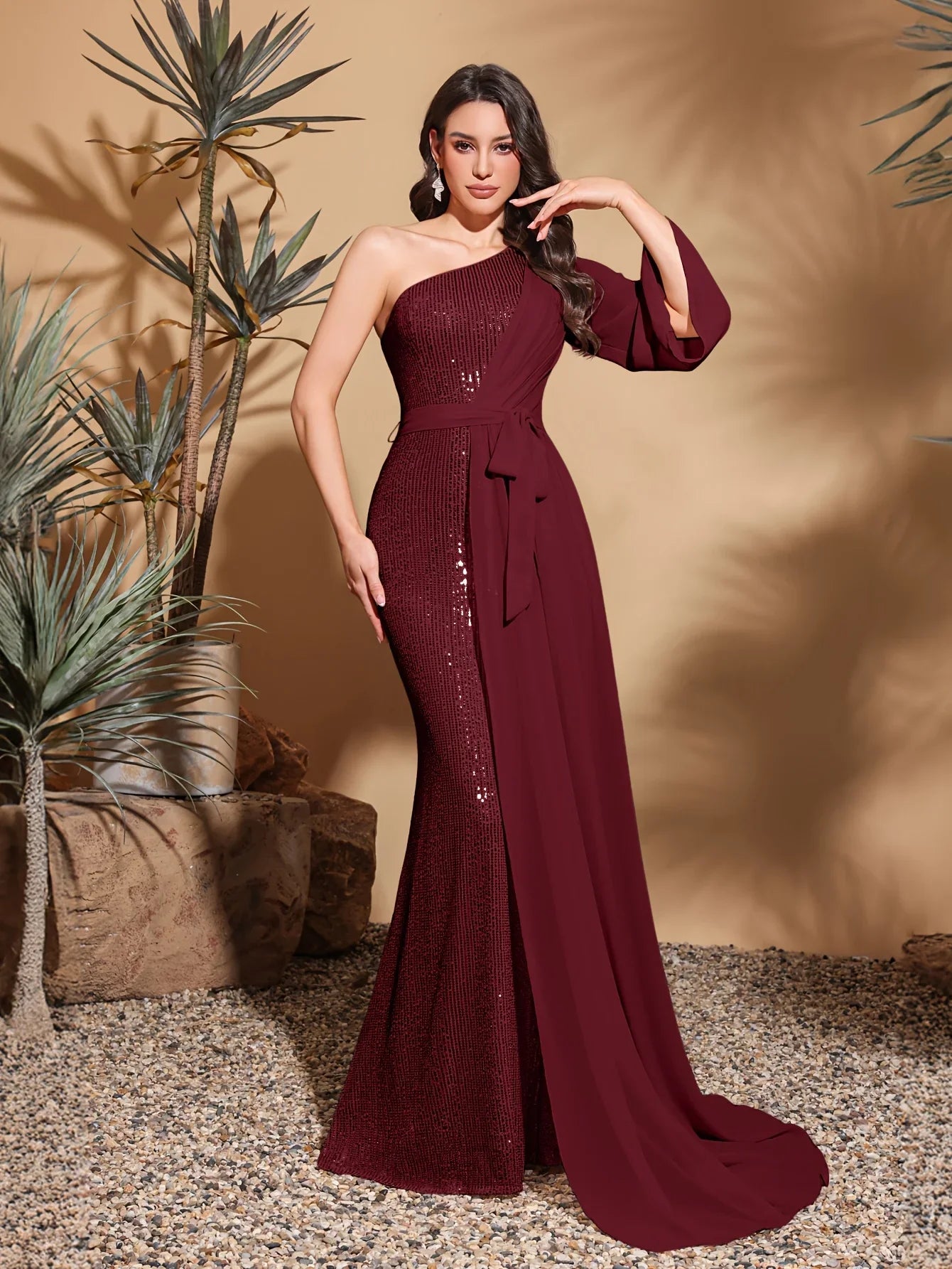 Sequined one-shoulder chiffon patchwork belt-decorated hip dress