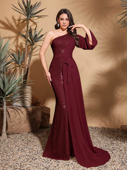 Sequined one-shoulder chiffon patchwork belt-decorated hip dress