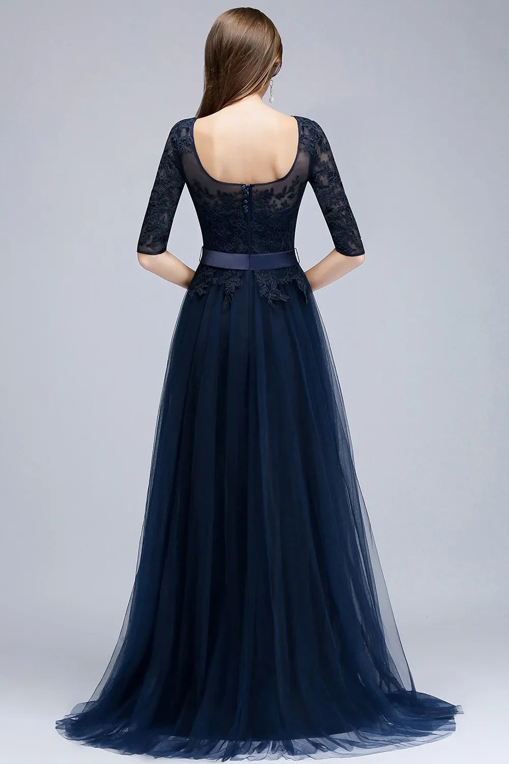 Scoop Neckline Zipper Up Tulle Long Floor-length Dresses Lace Applique Half Sleeve High Split Wedding Evening Party Prom Gowns