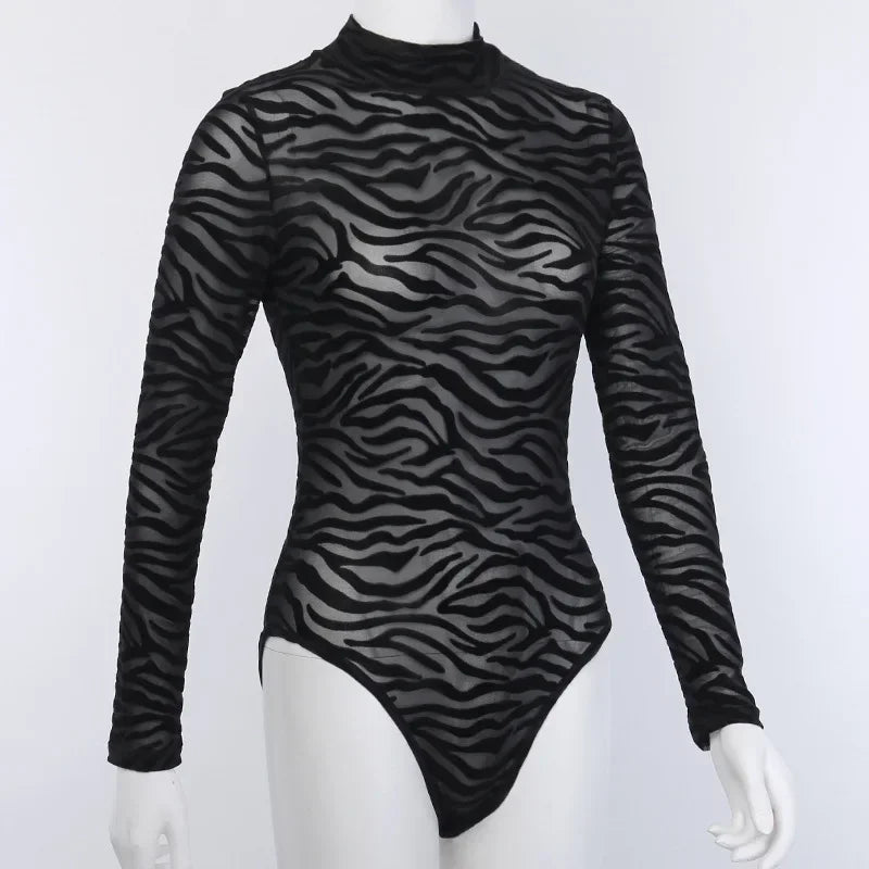 Black Striped Sexy Bodysuit Lingerie See Through Mesh Body Feminino Long Sleeve One-pieces Bustier Turtleneck Corset Tops Women