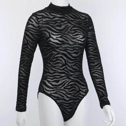 Black Striped Sexy Bodysuit Lingerie See Through Mesh Body Feminino Long Sleeve One-pieces Bustier Turtleneck Corset Tops Women