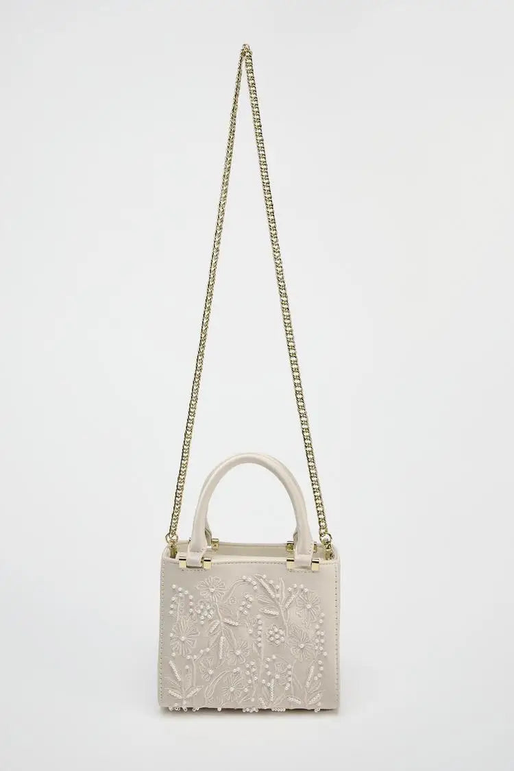 Bolsa Tote Mini Duffel Pérola, Bolsa Transversal Feminina com Correntes, Bolsa Pequena Elegante Designer de Luxo Feminina