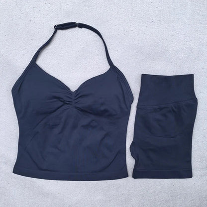 2 Pieces Yoga Set Women Backless Halter Tops High Waist Seamless Shorts Gym Suit Fitness Clothes Sportswear Workout Sets