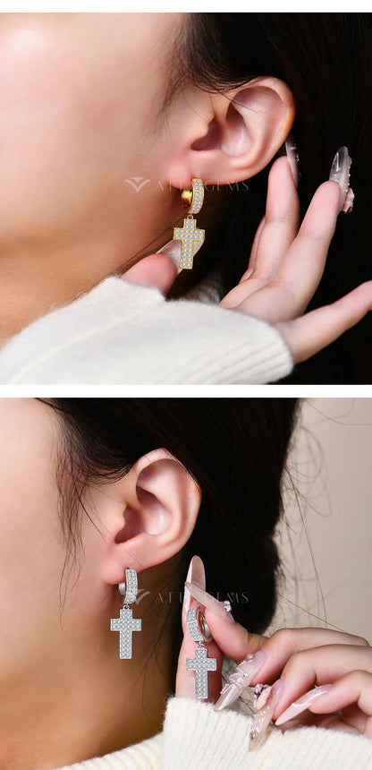 Classic Moissanite Earrings for Women Cross Drop Earrings 925 Sterling Silver Wedding Party 18K Gold Plated Jewelry New