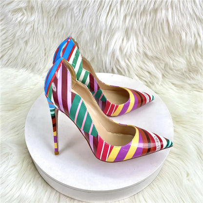 Colorful Striped High heels Fashion Cutting Pointed Shallow Party Shoes For Woman 8CM 10CM 12CM Women Pumps Large Size 44 45 46