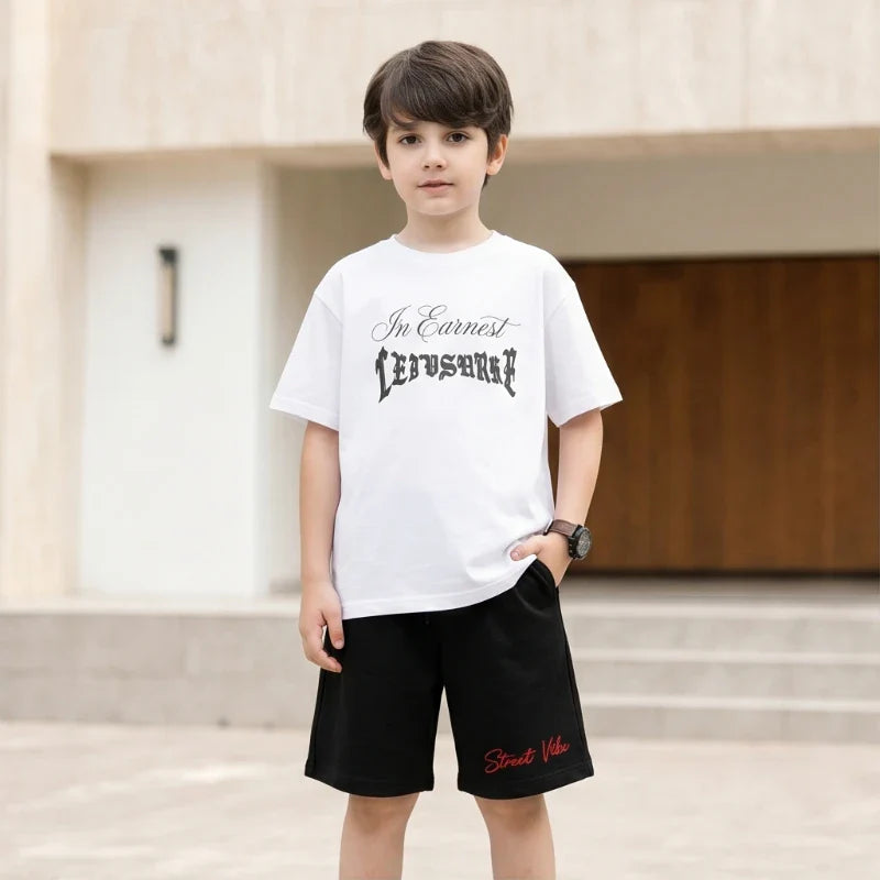 2Pcs Boys Cotton Summer Outfit Gothic Street Style Print T-shirt and Shorts Casual Sportswear for Kids 3-14Y RZ29