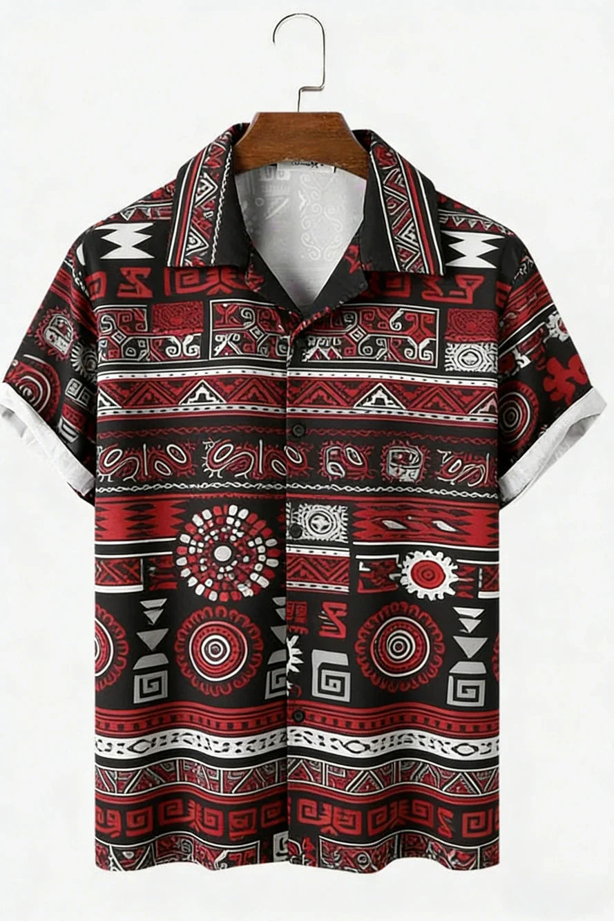 Men's New Linen Ethnic Tribal Style 3D Printed Shirt Hawaiian Tropical Breathable Comfortable Short-sleeved Lapel Clothes Men'S