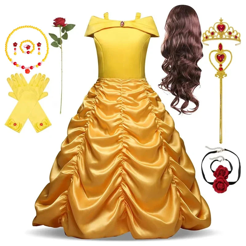 Girls Cosplay Belle Princess Dress for Kids Beauty and The Beast Costumes Children Birthday Party with Flower Clothes