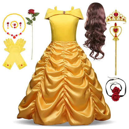 Girls Cosplay Belle Princess Dress for Kids Beauty and The Beast Costumes Children Birthday Party with Flower Clothes