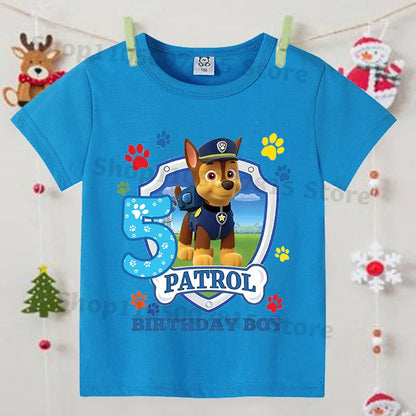 Paw Patrol Blue T-shirts for Boys Anime Cartoon Cute Birthday Clothing Children Summer Fashion Short Sleeved Shirt Kids Clothes