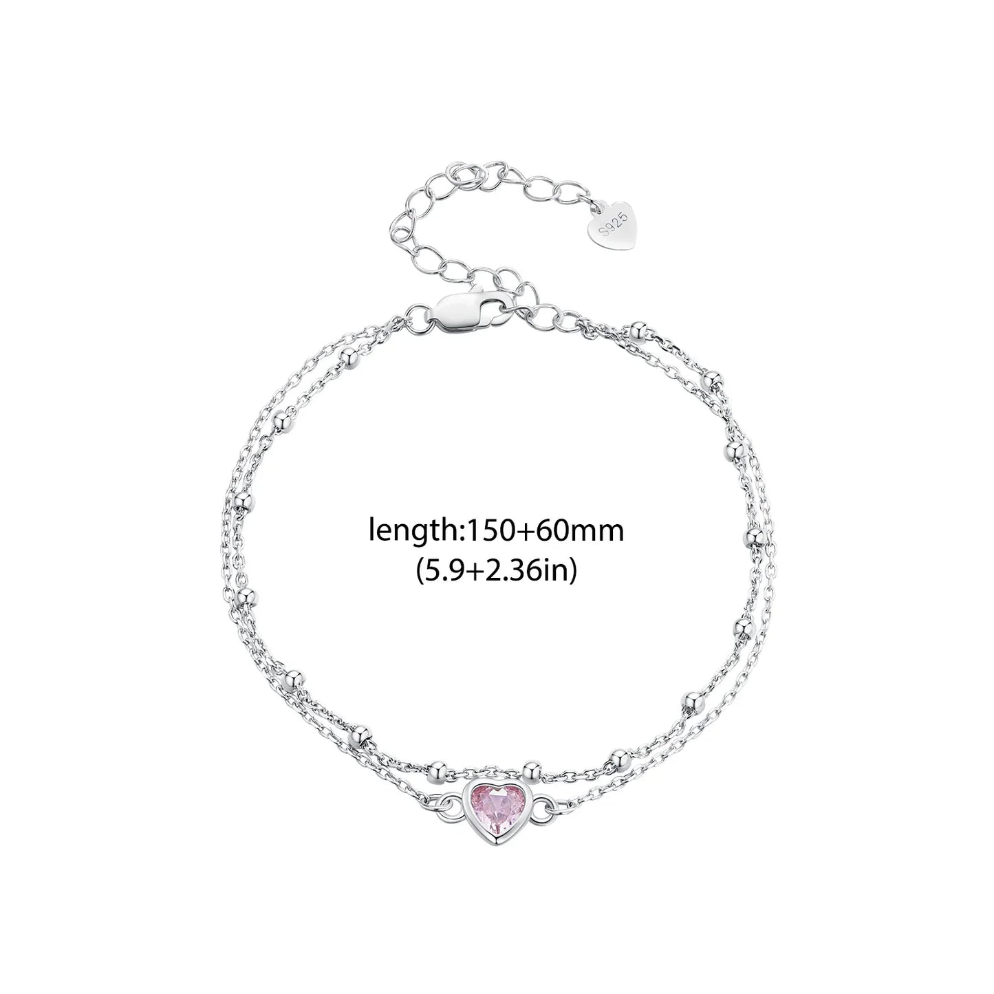 925 Sterling Silver Double Layer Bracelet Pink Heart Adjustable Round Beads Chain Link for Women Valentine's Day Gift