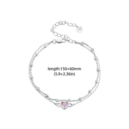 925 Sterling Silver Double Layer Bracelet Pink Heart Adjustable Round Beads Chain Link for Women Valentine's Day Gift