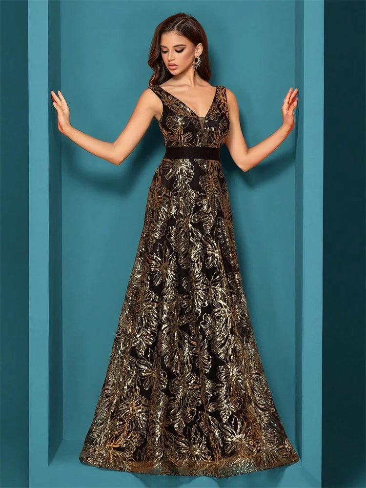 Luxury Sexy Deep V-Neck Sequins Blue Evening Dresses Women Elegant V-back Wedding Party Long Prom Cocktail Dress