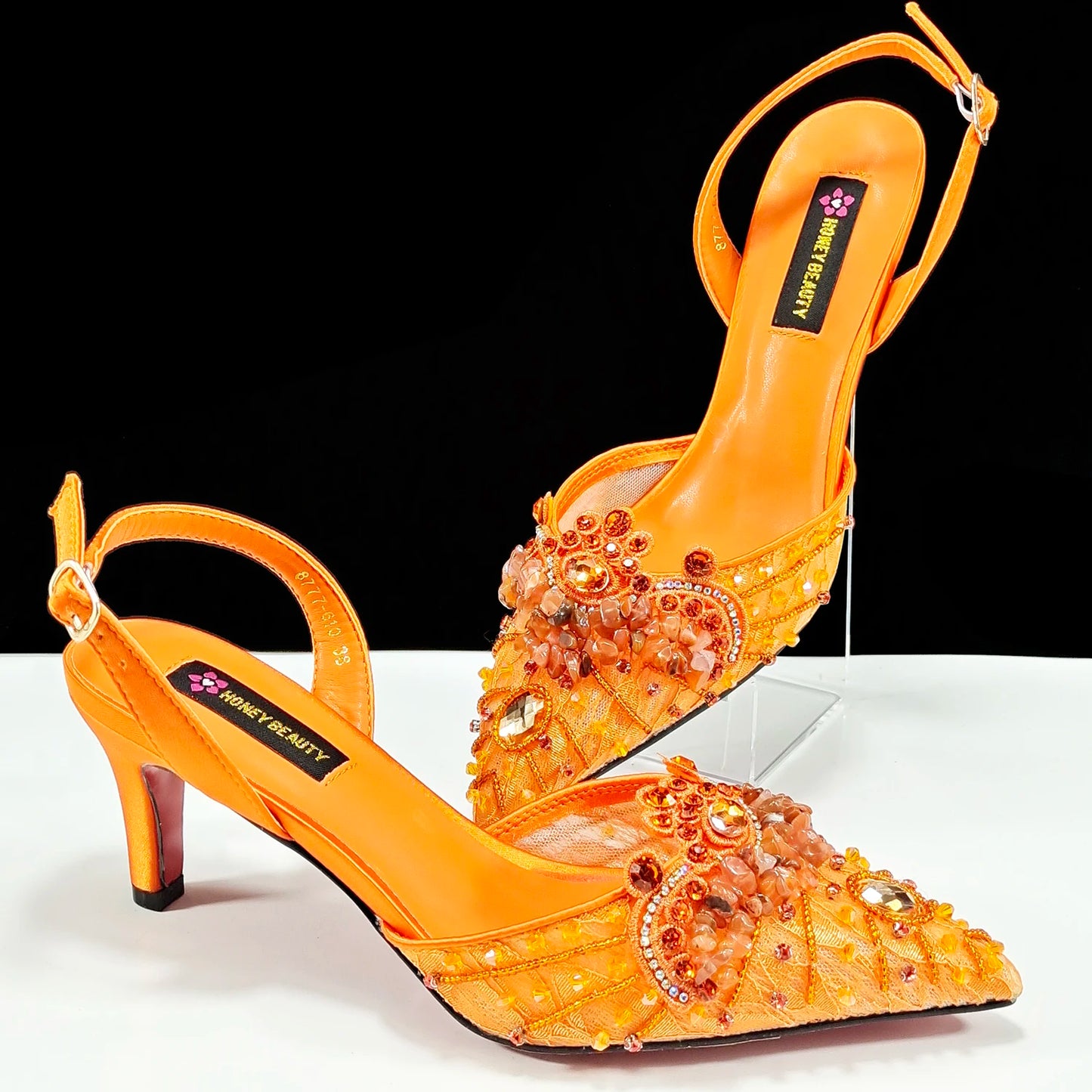 High Heel for Lady 2025 Luxury Designer Orange Color Full Diamond Pointed Toe Wedding Shoe and Bag Set for Party