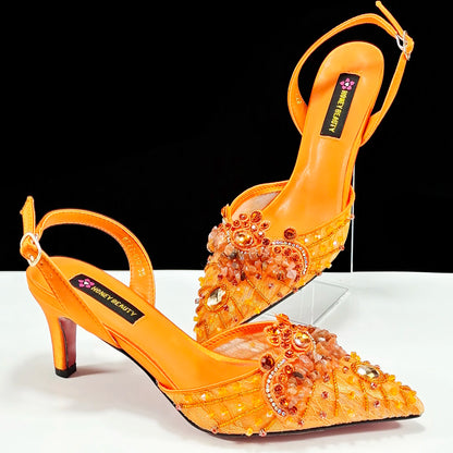 High Heel for Lady 2025 Luxury Designer Orange Color Full Diamond Pointed Toe Wedding Shoe and Bag Set for Party