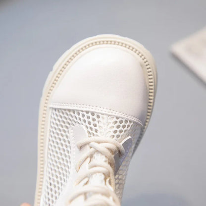 Children Summer Shoes Girls Fashion Sandals High-top Mesh Boots Net Breathable Shoelace Decoration with Zipper Cut-out Ins Style