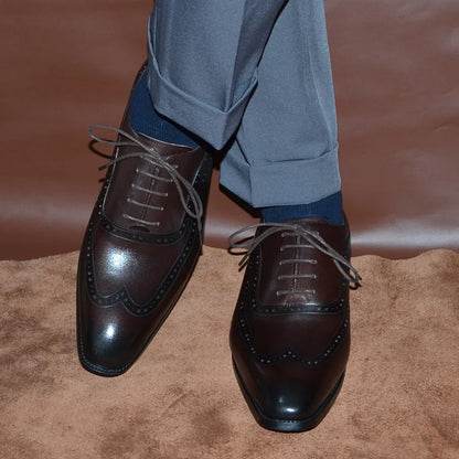 Luxury Mens Wingtip Oxford Dress Shoes Genuine Leather Brogue Dark Brown Lace-up Pointy Toe Business Office Wedding Formal Shoes