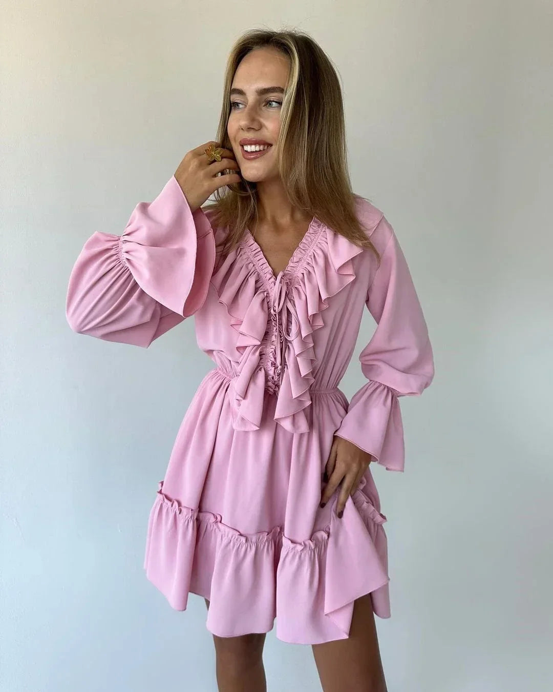 White Ruffle Bandage Mini Dress Women's Elegant Patchwork Long Sleeve Dress New Slim V Neck Lace Up Summer Mini Dress
