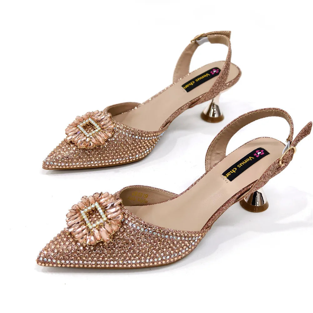 African Style Women's Shoes Mixed With BlackGold High Heels Pointed At The Dinner Party Nigerian Women's Shoes