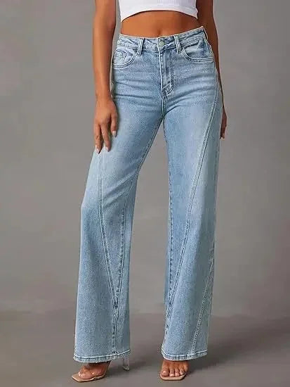 Calça Jeans Feminina Wide Leg Solta com Design de Costura