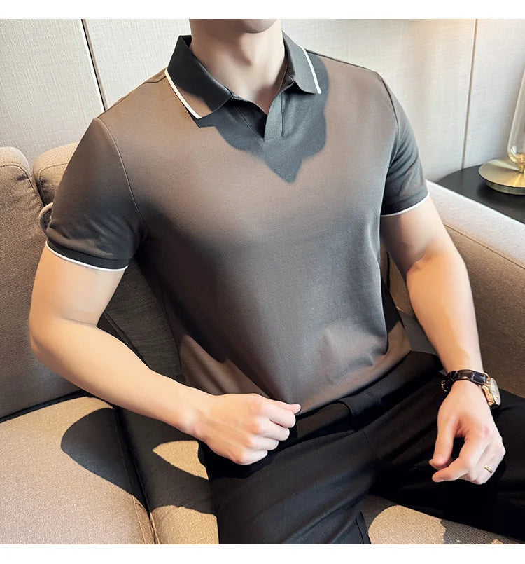 Business Casual Solid Color Men's Polo Shirt, 2024 Summer Classic, Men Short Sleeve V-neck T-shirt, Slim Fit Spliced Polo 4XL-M