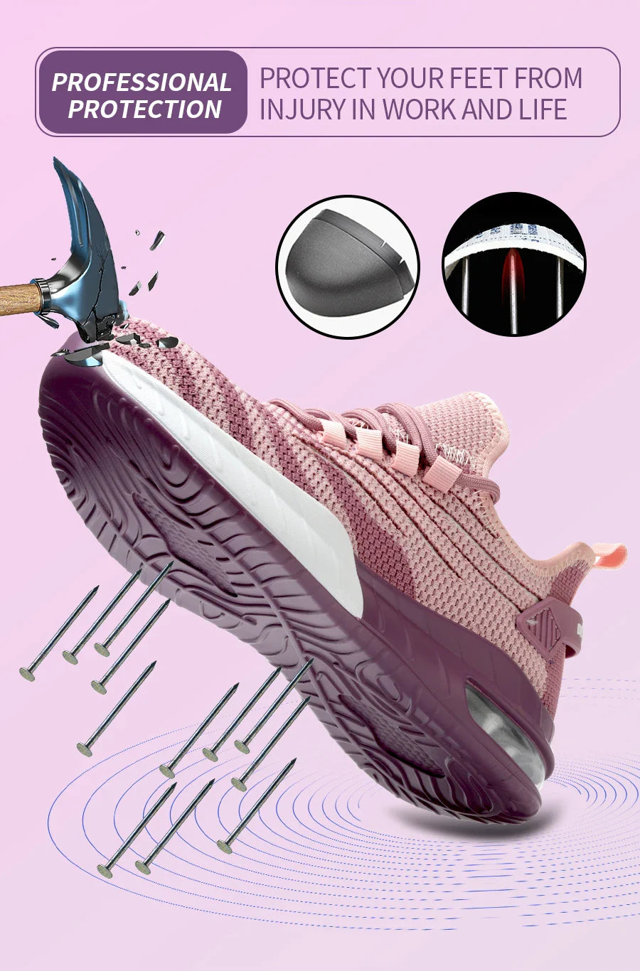Ladies Safety Shoes Steel Toe Anti- Crush Fashion Pink Work Shoes Women's Footwear Comfortable Breathable for Office Use