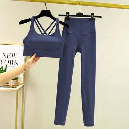 TRY TO BN Tummy Control Gym Set 2 Piece High Waisted Leggings Cross Bra Squat Proof Fitness Breathable Yoga Outfits Workout Set