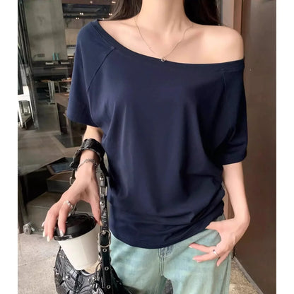 Autumn Winter One Shoulder Cotton Long Sleeve Slant Shoulder Women's Clothing Style Interior Wide Truffle Shoulder Base Shirt