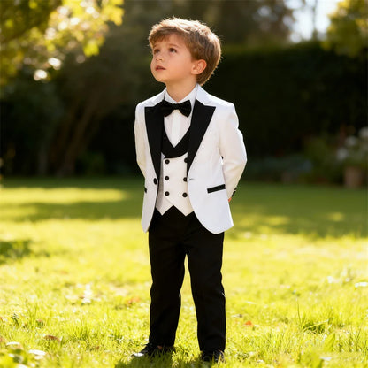 Brand Suit Set for Boys 3-14 Yrs, Classic Black Collar Suit Jacket Vest Pants Bowtie Set, Communion Party Suits Toddler