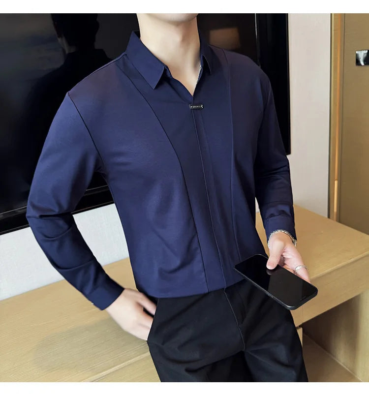 Stitching Special V-neck Long-Sleeved Polo Shirt, Men's High-Grade Elasticity Traceless Lapel T-shirt, Royal Blue Seamless Top