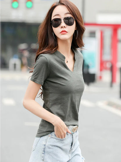 Summer Bamboo Cotton T-Shirt Cotton Women V-Neck Soft Tshirts Female Basic Fashion Classic S-3XL Ladies Tops