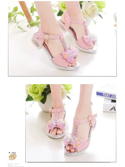 Girls Dance Shoes Non-slip Soft Sole Kids Princess Shoes T-strap Open Toes 2025 Summer New Children Sandals Sweet Bows Non-slip