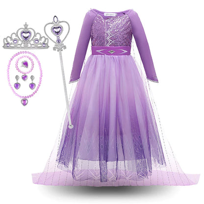 2026 Princess Girl Dress Snow Queen Halloween Cosplay Elsa Party Purple Costume Role Play Clothes Children Outfit Dress