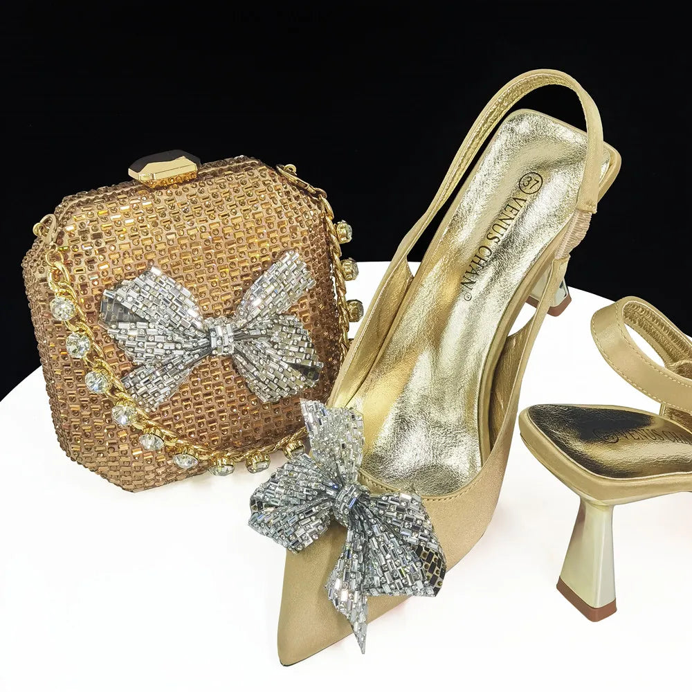 Italian Design Elegant Fuchsia Bow Rhinestone Pumps with Pointed Toe for Women 2024 Party Shoes and Bags Matching Set