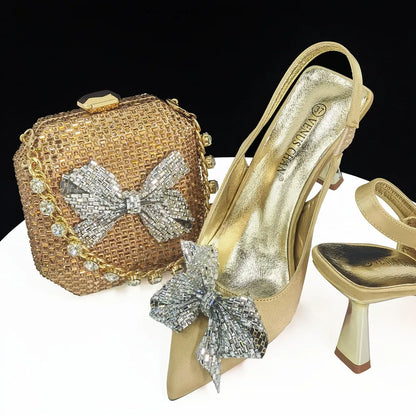 Italian Design Elegant Fuchsia Bow Rhinestone Pumps with Pointed Toe for Women 2024 Party Shoes and Bags Matching Set