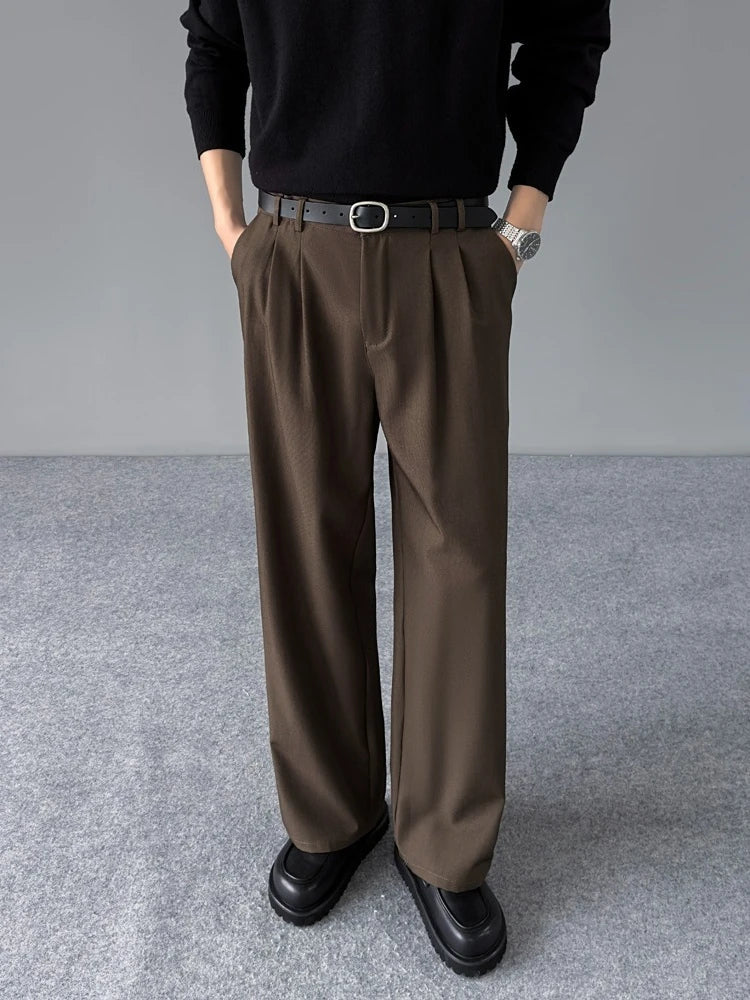 Spring New Loose Straight Pants Men Elastic Waist Double Pleats Wide Legs Casual Drape Fashionable Anti-wrinkle Trousers