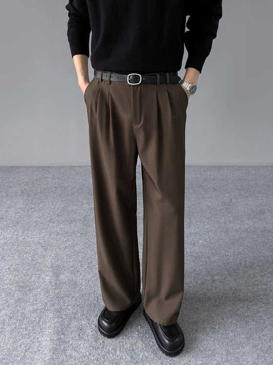 Spring New Loose Straight Pants Men Elastic Waist Double Pleats Wide Legs Casual Drape Fashionable Anti-wrinkle Trousers