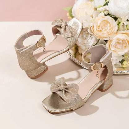 Girls Low Heel Sandals Girls Glitter Low Heel Sandals Sparkly Bow Dress Shoes 8th Grade Dance Birthday Party Princess Wedding