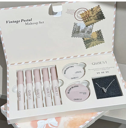 Retro Mail Makeup Set 5pc Matte Lip Mud,1 Blush,1 Highlight And 1 Necklace Gift Multipurpose Cosmetics Kits For Women