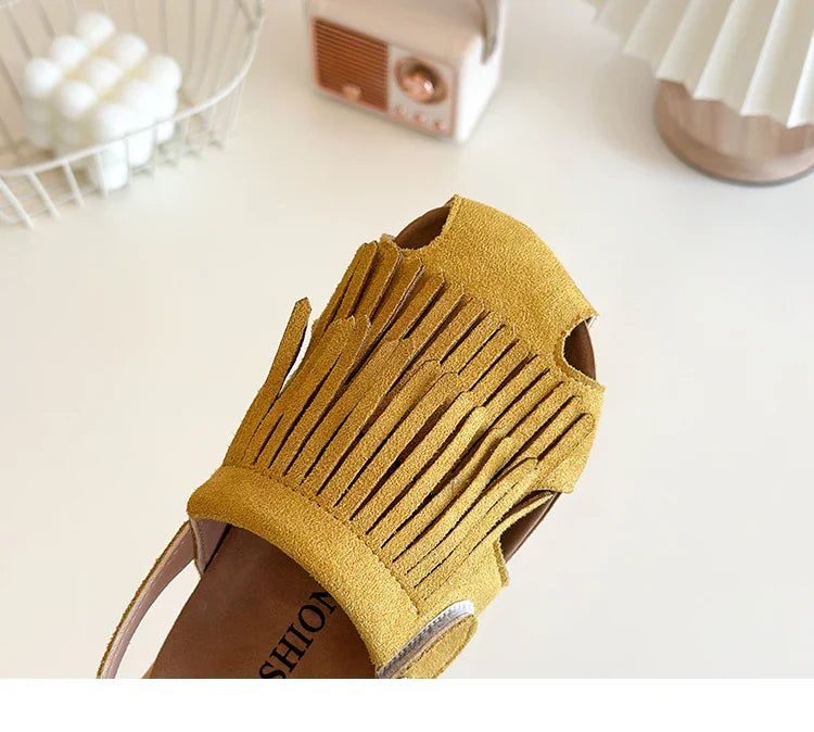 2025 Summer New Girls' Sandals Korean Style Tassel Princess Shoes Frosted Leather Hollow Sandals Comfortable 23-31