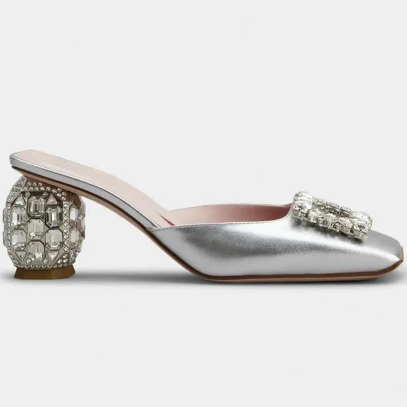 Summer Rhinestone Pumps Women Square Toe Mules Female Crystal High Heels Women Shoes Femmes Chaussures sandalias de las mujeres