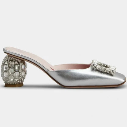 Summer Rhinestone Pumps Women Square Toe Mules Female Crystal High Heels Women Shoes Femmes Chaussures sandalias de las mujeres