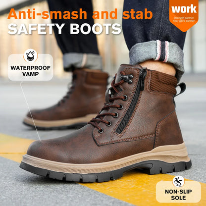 Men Work Boots Puncture-Proof  Waterproof Work Shoes Steel Toe Safety Boots Industrial Indestructible Boots Side Zipper Shoes